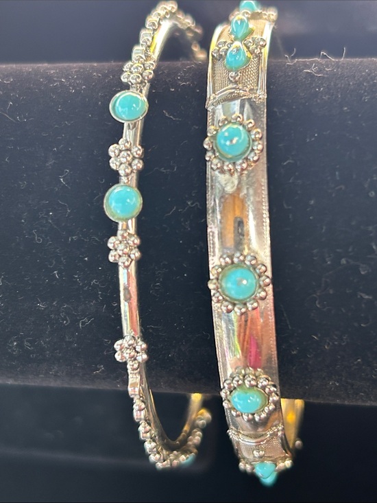 Jewelry - Turquoise Accent Silver-Tone Bangle Bracelet Set - Women Jewelry